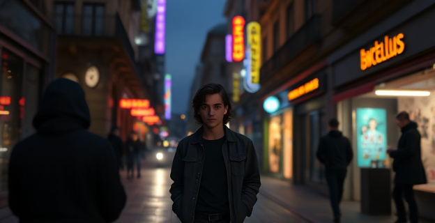 Una escena nocturna en una calle oscura de Barcelona, con un joven siendo abordado por individuos sombríos. Al fondo, luces de neón de locales nocturnos y sombras inquietantes que reflejan la tensión del momento.
