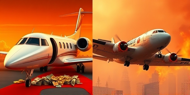 Una ilustración satírica dividida en dos partes. A la izquierda, un avión ejecutivo lujoso y brillante siendo pulido con oro y billetes, rodeando una alfombra roja. A la derecha, un hidroavión antiguo y desgastado, con remiendos y pintura saltada, luchando contra un incendio forestal masivo bajo un cielo naranja. Estilo editorial de caricatura política moderna, colores contrastados, alta definición.