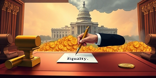 Una ilustración satírica de estilo editorial. Un escritorio gubernamental lujoso y vacío con un sello oficial de 