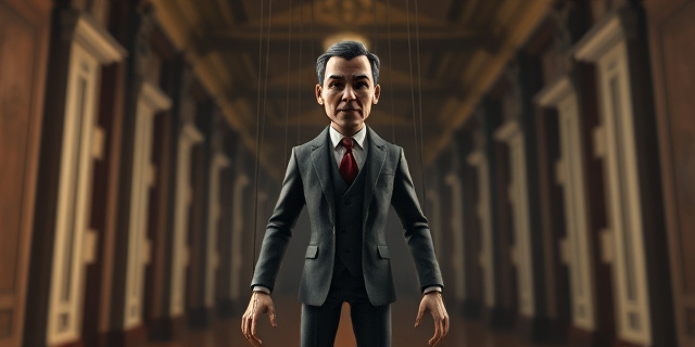 Una marioneta con un traje impecable, manipulada por hilos invisibles que salen de una institución gubernamental imponente pero oscura. El fondo debe ser un laberinto de pasillos burocráticos con sombras alargadas. Estilo pictórico barroco, con una paleta de colores apagados y toques de rojo sangre.