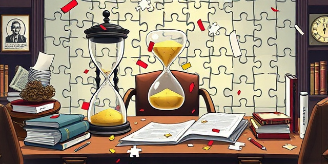 Una ilustración satírica de un escritorio gubernamental caótico donde un reloj de arena gigante está roto y las hojas de leyes vuelan como confeti. Al fondo, un rompecabezas incompleto con piezas que no encajan, representando la fragmentación política, estilo caricatura editorial de periódico, colores sobrios con toques de rojo y amarillo.