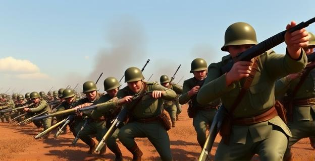 Escena de la Guerra Civil Española con soldados de la Legión Española en combate, sin incluir personas ni nombres propios