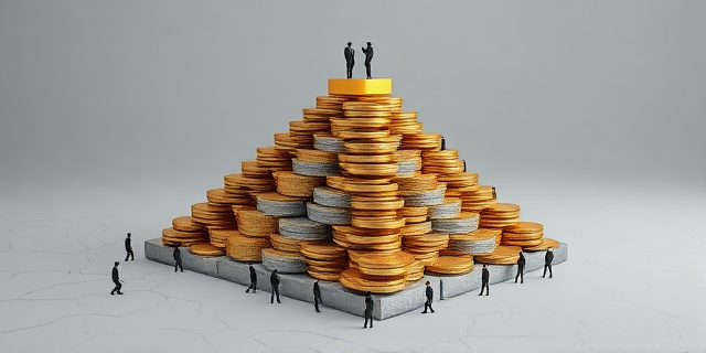 Una ilustración conceptual y satírica que muestra una pirámide social hecha de monedas. La base es ancha, gris y agrietada, donde muchas figuras humanas pequeñas intentan sostener la estructura. La cima es una pequeña plataforma de oro brillante y reluciente donde unas pocas figuras descansan cómodamente. Estilo editorial de revista económica, colores contrastados entre el gris ceniza de la base y el dorado intenso de la cima, fondo minimalista.