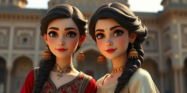 Dos figuras femeninas en ropas de época persa, con bordados dorados y cabellos elaborados, posando frente a un fondo de arquitectura persa clásica, con una luz tenue y reflejos de cámara, mostrando delicadas cejas y un ligero vello en la zona del labio superior.