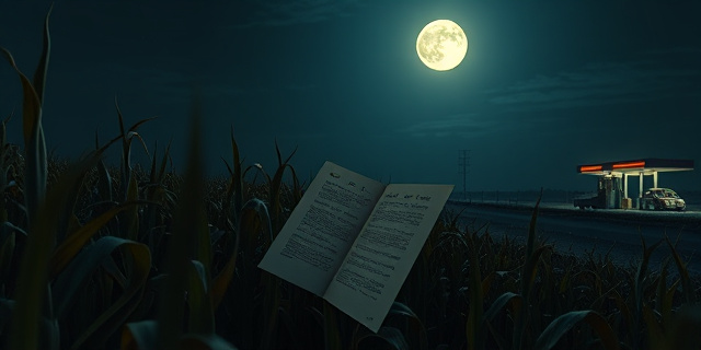 Una escena nocturna en un campo de maíz bajo la luz de la luna, con un cuerpo humano parcialmente visible entre los tallos, y dos páginas de papel con símbolos crípticos flotando en el aire como si fueran hojas de una vieja codificación. Un coche viejo de servicio de gas aparece en la distancia con luces parpadeantes, y la silueta de una estación de servicio se ve difusa y desvanecida en el horizonte.