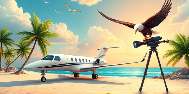 Una ilustración satírica de estilo editorial. Un avión privado de lujo aterrizando en una playa caribeña donde las palmeras son en realidad signos de dólar y euros. En el fondo, una sombra imponente de un águila estadounidense vigilando con un telescopio. Colores vibrantes pero con un aire de decadencia corporativa, sin rostros definidos.