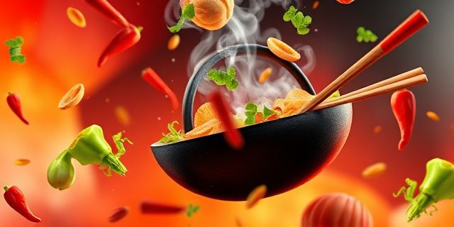 Una composición vibrante y colorida que evoque la idea de un viaje culinario por Estados Unidos. Woks humeantes, palillos de madera, ingredientes frescos y exóticos (chiles, jengibre, bok choy) flotando en un espacio abstracto. Los colores deben ser intensos y cálidos, con toques de rojo, naranja y dorado. El estilo debe ser pictórico y expresionista, con pinceladas sueltas y texturas ricas. Evitar rostros humanos.