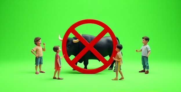 Una imagen conceptual que represente la prohibición de menores en los toros, con un toro en el centro y figuras de niños y adultos alrededor, simbolizando la protección y el cambio legal.