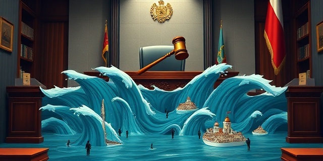 Una ilustración conceptual y satírica. Un escritorio de juez elegante y moderno en Madrid con un mazo de madera, y de la base del escritorio comienza a brotar una inundación de agua marina que arrastra pequeñas figuras humanas hacia una ciudad costera miniaturizada y saturada. Estilo editorial, colores contrastados, atmósfera de caos administrativo.
