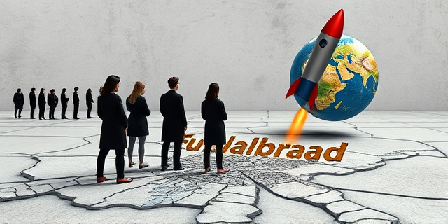 Una ilustración conceptual satírica. En primer plano, un mapa de Fuenlabrada hecho de cemento agrietado con siluetas de mujeres esperando en una cola de empleo. Desde el mapa, sale disparado un cohete hecho con billetes de euros dirigiéndose hacia un globo terráqueo colorido que muestra África y América Latina. Estilo editorial de revista política, colores contrastados, atmósfera de ironía social.
