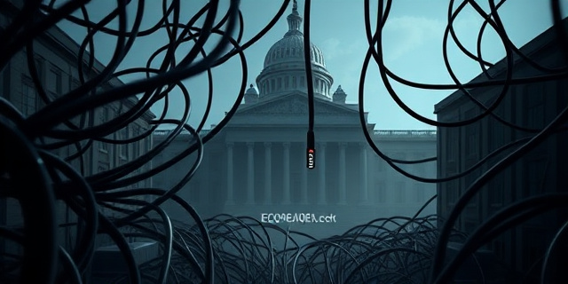 Un laberinto de cables de correo electrónico entrelazados sobre un fondo de edificios gubernamentales grises y sombríos. La luz ilumina un único cable que lleva a una dirección de correo electrónico codificada y enigmática. Estilo: neo-noir, alto contraste, iluminación dramática.