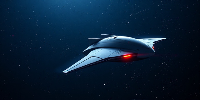 Representación artística abstracta de una nave espacial futurista atravesando un campo de estrellas y polvo cósmico. La nave debe parecer delicada pero resistente, con un brillo sutil que sugiere tecnología avanzada. Colores predominantes: azul profundo, morado, plateado y toques de naranja y rojo para representar la energía. Estilo: Ciencia ficción pictórica, similar a las ilustraciones de Chris Foss.