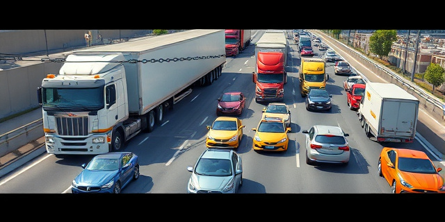 Una ilustración satírica de una autopista colapsada donde camiones gigantes están encadenados simbólicamente al carril derecho, mientras coches pequeños intentan avanzar en un caos organizado. Estilo de caricatura editorial de periódico, colores vibrantes pero con un aire de frustración urbana, perspectiva desde arriba.