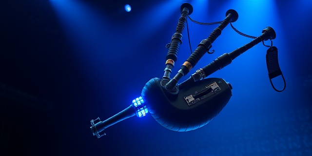 Una gaita tradicional fusionada con elementos electrónicos modernos, como cables y circuitos integrados, en un estilo steampunk. La gaita está envuelta en una luz azul brillante, con un fondo oscuro y texturizado que evoca un escenario de concierto. La imagen debe transmitir una sensación de innovación y rebeldía.