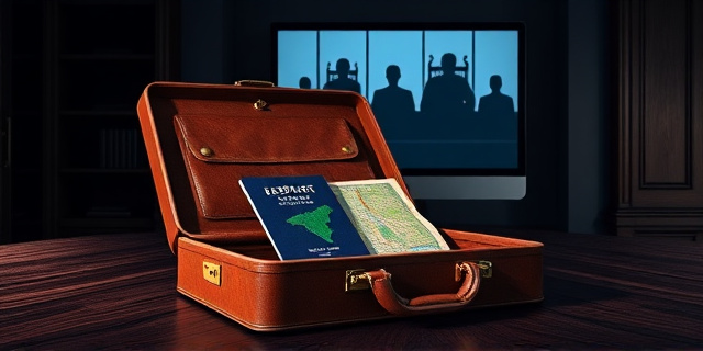 Una ilustración satírica estilo editorial de periódico. Un maletín de cuero abierto sobre una mesa de madera oscura, del cual sale un pasaporte y un mapa de rutas de escape. Al fondo, una pantalla de ordenador mostrando una videoconferencia con siluetas de jueces severos. Colores contrastados, sombras profundas y un ambiente de tensión burocrática.