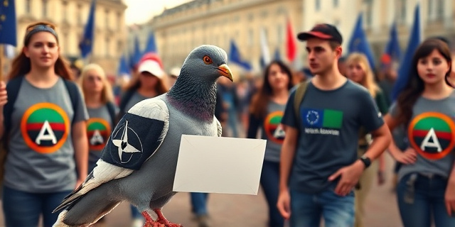 Una paloma mensajera con un brazalete de la OTAN intentando entregar una carta a un grupo de jóvenes con camisetas con símbolos de paz y banderas de la Unión Europea. Estilo pictórico impresionista, colores vibrantes y contrastados. Ambiente de protesta pacífica en una plaza pública.