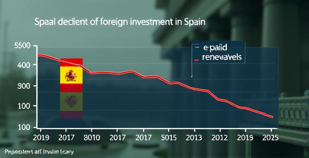 Gráfico que muestra la caída de la inversión extranjera en España y la acumulación de deuda por impagos a renovables, con un fondo que representa la incertidumbre económica y la inestabilidad política.