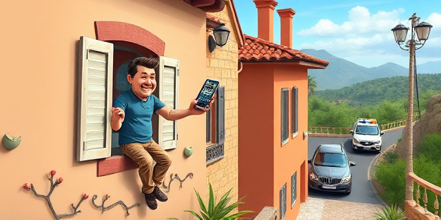Ilustración satírica de estilo editorial. Un hombre escalando la pared de una casa mediterránea mientras desde una ventana una persona sostiene un teléfono con expresión de indignación. Al fondo, una patrulla de policía llegando. Colores vibrantes, estilo caricatura periodística, énfasis en el absurdo de la situación.