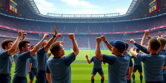 Una imagen de un estadio de fútbol con banderas y pancartas, con un grupo de personas con rostros enfadados y puños en alto, mientras otros personas con uniformes de seguridad intentan calmar la situación