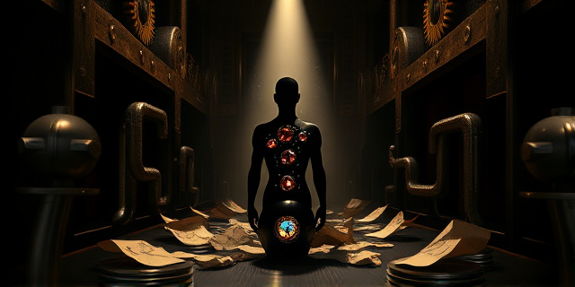Ilustración digital estilo arte conceptual. Un laberinto dorado y oscuro con sombras alargadas. En el centro, una silueta abstracta con joyas incrustadas, rodeada de engranajes oxidados y papeles arrugados. Iluminación dramática, con un foco de luz que resalta el brillo del oro y la oscuridad del laberinto. Atmósfera opresiva y misteriosa. Predominancia de tonos dorados, marrones y negros.