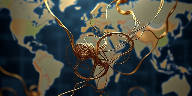 Una madeja enredada de hilos dorados y oscuros, representando conexiones financieras internacionales complejas. El fondo debe ser un mapa del mundo difuminado, con énfasis en las áreas de Venezuela, Rusia e Irán. La imagen debe transmitir una sensación de misterio y corrupción.
