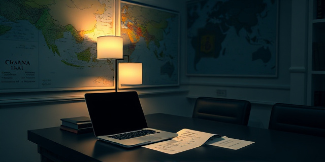 Una oficina oscura con paredes cubiertas de mapas de China y España, luces bajas que iluminan un escritorio con una computadora portátil abierta, sobre la cual se extienden papeles con nombres y fechas. A un lado, una lámpara de estilo oriental proyecta sombras que parecen huellas digitales que se desvanecen en el aire. La escena transmite un ambiente de secreto y diplomacia, sin rostros visibles, con un toque moderno y de misterio.