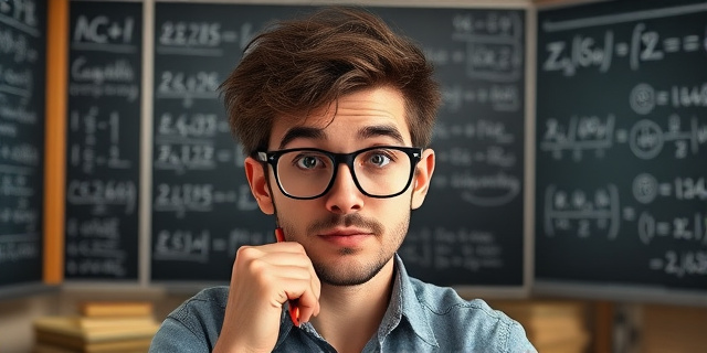 Un hombre con gafas y cabello despeinado, rodeado de pizarras llenas de ecuaciones y libros, con una mirada pensativa y un lápiz en la mano.