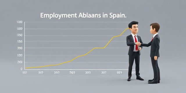 Un gráfico que muestra la evolución del empleo en España, con una línea que sube y baja en diferentes sectores, y una persona con un traje y corbata sonriendo y dando la mano a otra persona