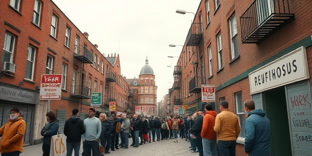 Una escena urbana con carteles de edificios de vivienda pública y una larga fila de personas, cada una con un número de identificación. La ciudad parece un mercado de bienes raíces, con grafitis que dicen 
