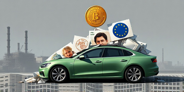Una ilustración satírica y conceptual. Un coche moderno y elegante siendo aplastado lentamente por una montaña de papeles oficiales y sellos burocráticos gigantes con la bandera de la Unión Europea. El coche se está transformando parcialmente en un contenedor de reciclaje de plástico verde. Fondo industrial gris con sombras de fábricas abandonadas y una moneda gigante de euro cayendo como un peso sobre el techo del vehículo. Estilo editorial de revista, colores contrastados, atmósfera cínica.