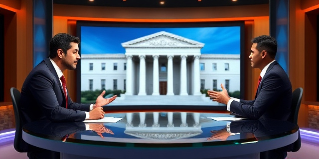Un estudio de televisión con un presentador y un invitado en medio de un enfrentamiento verbal, con una pantalla de fondo que muestra un edificio de la Audiencia Nacional.