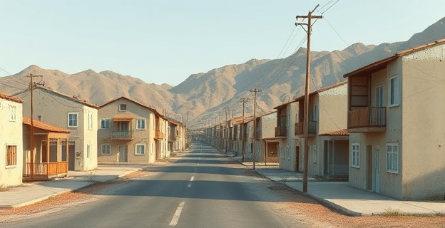 Una ciudad fantasma con edificios vacíos y calles desiertas, representando el fracaso del proyecto Campamento.