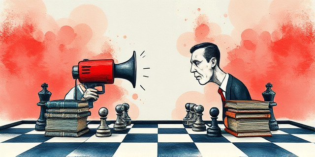 Una ilustración conceptual y satírica de estilo editorial. Dos figuras políticas abstractas enfrentadas en un tablero de ajedrez donde las piezas son megáfonos y libros de historia antiguos. El fondo es un degradado de colores rojo y azul, con un estilo de dibujo a tinta y acuarela, transmitiendo tensión y ruido mediático. Sin rostros definidos, atmósfera de debate eléctrico.
