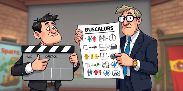 Una ilustración satírica de un director de cine frustrado frente a una claqueta, mientras un burócrata con traje y gafas le entrega una lista de verificación gigante y colorida con iconos de diversas siluetas humanas y símbolos de diversidad. Estilo caricatura editorial, colores vibrantes, fondo de un set de grabación de cine español.