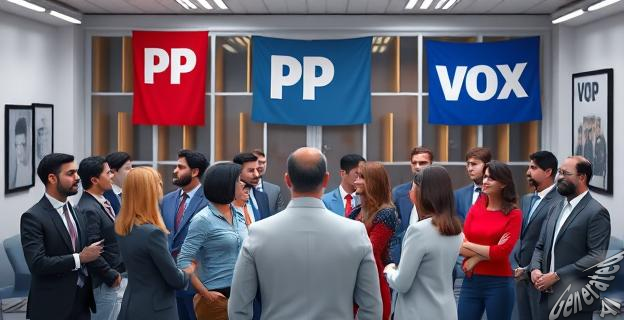 Un grupo de personas en un despacho de un partido político, con banderas y logotipos del PP y Vox en el fondo.