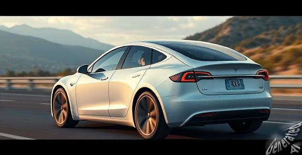 Un Tesla Model YL en una carretera con un fondo de paisaje urbano, mostrando su diseño aerodinámico y su pantalla táctil central de 16 pulgadas.