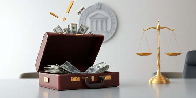 Una ilustración conceptual y satírica. Un maletín de cuero lujoso abierto sobre una mesa de oficina minimalista, del cual brotan billetes y gráficos de barras doradas que se disparan hacia arriba. Al fondo, una balanza de la justicia ligeramente inclinada y un sello oficial de juzgado. Estilo editorial moderno, colores contrastados, atmósfera de poder y misterio financiero.