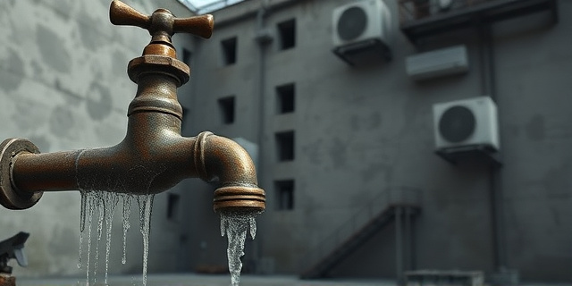 Una ilustración satírica y conceptual de una prisión antigua y decadente. En primer plano, un grifo oxidado goteando agua fría y un extintor cubierto de telarañas. Al fondo, un enorme edificio gris con grietas, donde se ven pequeños aires acondicionados domésticos (splits) colgados precariamente de paredes industriales. Estilo editorial de periódico, colores desaturados, atmósfera de negligencia y burocracia.