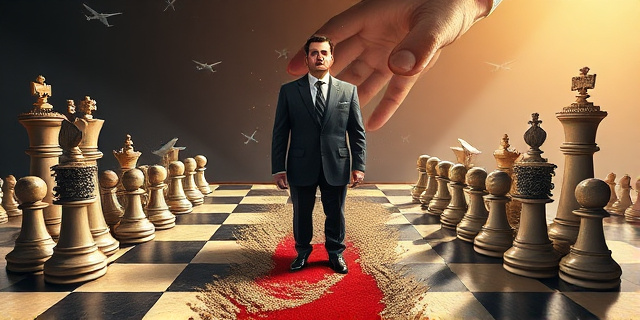Una ilustración conceptual y satírica. Un tablero de ajedrez donde las piezas son maletines de dinero y aviones comerciales. En el centro, una figura elegante de traje que se desintegra como arena, mientras una mano invisible retira la alfombra roja debajo de él. Estilo editorial de revista política, colores contrastados, sombras dramáticas y atmósfera de tensión judicial.