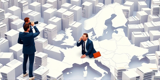 Una ilustración satírica de un empresario europeo atrapado en un laberinto gigante hecho de expedientes y papeles oficiales. El laberinto tiene la forma del mapa de Europa. Al fondo, figuras burocráticas con trajes elegantes observan desde lo alto con prismáticos. Estilo de caricatura editorial moderna, colores contrastados, atmósfera surrealista.