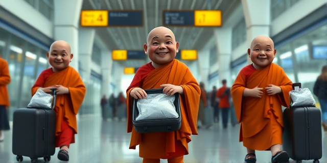 Un grupo de monjes budistas con maletas llenas de drogas en un aeropuerto