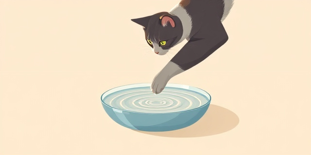 Una ilustración conceptual y minimalista de un gato elegante tocando la superficie de un cuenco de agua con una sola pata. El agua crea ondas concéntricas perfectas. Fondo neutro, estilo artístico moderno con colores pastel y líneas limpias, enfocándose en el detalle de la pata y el agua.