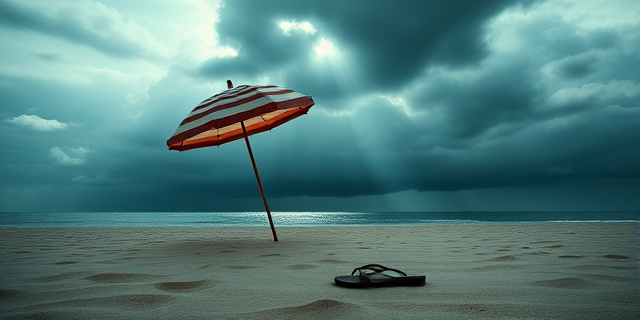 Una playa desierta con una sombrilla a rayas náuticas inclinada por el viento. En primer plano, un par de chanclas abandonadas en la arena. El cielo está cubierto de nubes grises y amenazantes, pero un rayo de sol ilumina tenuemente la escena, creando un contraste dramático. Estilo pictórico, colores apagados con un toque de surrealismo.