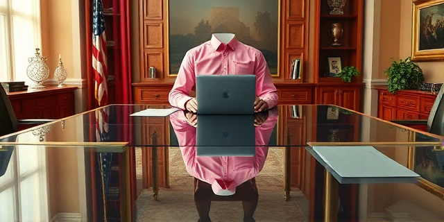 Una ilustración satírica de un despacho presidencial moderno con una mesa de cristal brillante. Sobre la mesa hay papeles y una laptop, pero la persona sentada detrás es solo un torso vestido con camisa rosa, flotando en el aire sin piernas, mientras que el reflejo en el suelo es confuso y surrealista. Estilo editorial de revista política, colores vibrantes, atmósfera de ironía.