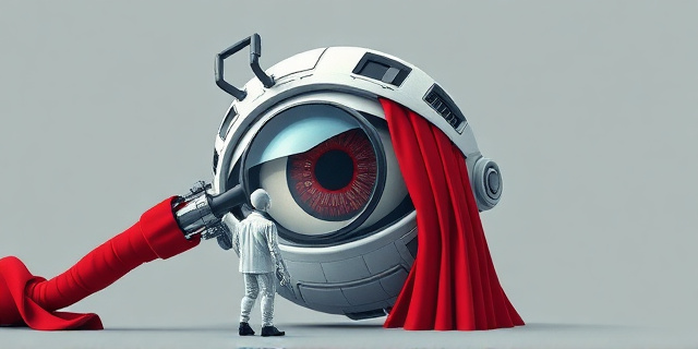 Una ilustración conceptual y satírica. Un enorme ojo robótico y digital, hecho de circuitos y códigos binarios, observando a través de una lupa a un ciudadano pequeño y transparente. El ojo robótico está parcialmente cubierto por una cortina de terciopelo rojo lujosa y opaca que impide que el ciudadano vea qué hay detrás. Estilo editorial moderno, colores contrastados, fondo gris minimalista.