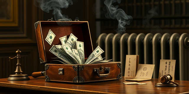 Una ilustración satírica de estilo editorial. Un maletín de cuero abierto sobre una mesa de madera antigua, del cual brotan billetes que se transforman en humo. Al lado, un radiador antiguo donde se apoyan sobres con caligrafía asiática. Fondo oscuro de un juzgado con un mazo de juez borroso, atmósfera de ironía y opulencia oculta.