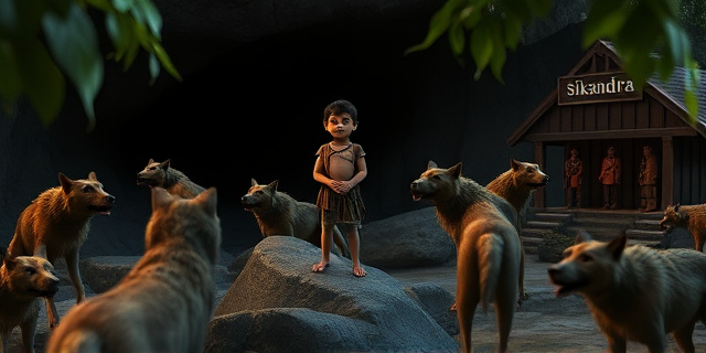 Una escena en la jungla india del siglo XIX: un niño de seis años, cubierto de pelo, de pie sobre rocas cercadas por lobos, con un fondo de árboles gigantes y una cueva oscura. Al lado, un grupo de cazadores con armaduras de cuero y un orfanato de madera con señal de 