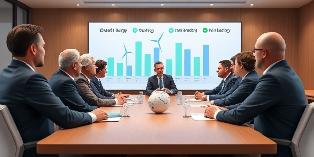 Una reunión de empresarios y políticos en una sala de conferencias, con un fondo de gráficos de energías renovables