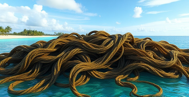 Una gran masa de algas marinas flotando en el mar Caribe, con playas al fondo y un cielo parcialmente nublado. Las algas están enmarañadas y cubren parcialmente la superficie del agua.