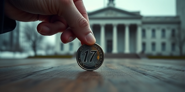 Una imagen conceptual y minimalista. Un primer plano de una mano adulta retirando una pequeña moneda de 17 euros de una mesa de madera gastada, mientras al fondo se ve un edificio gubernamental frío y gris. Estilo editorial, iluminación dramática, colores desaturados.